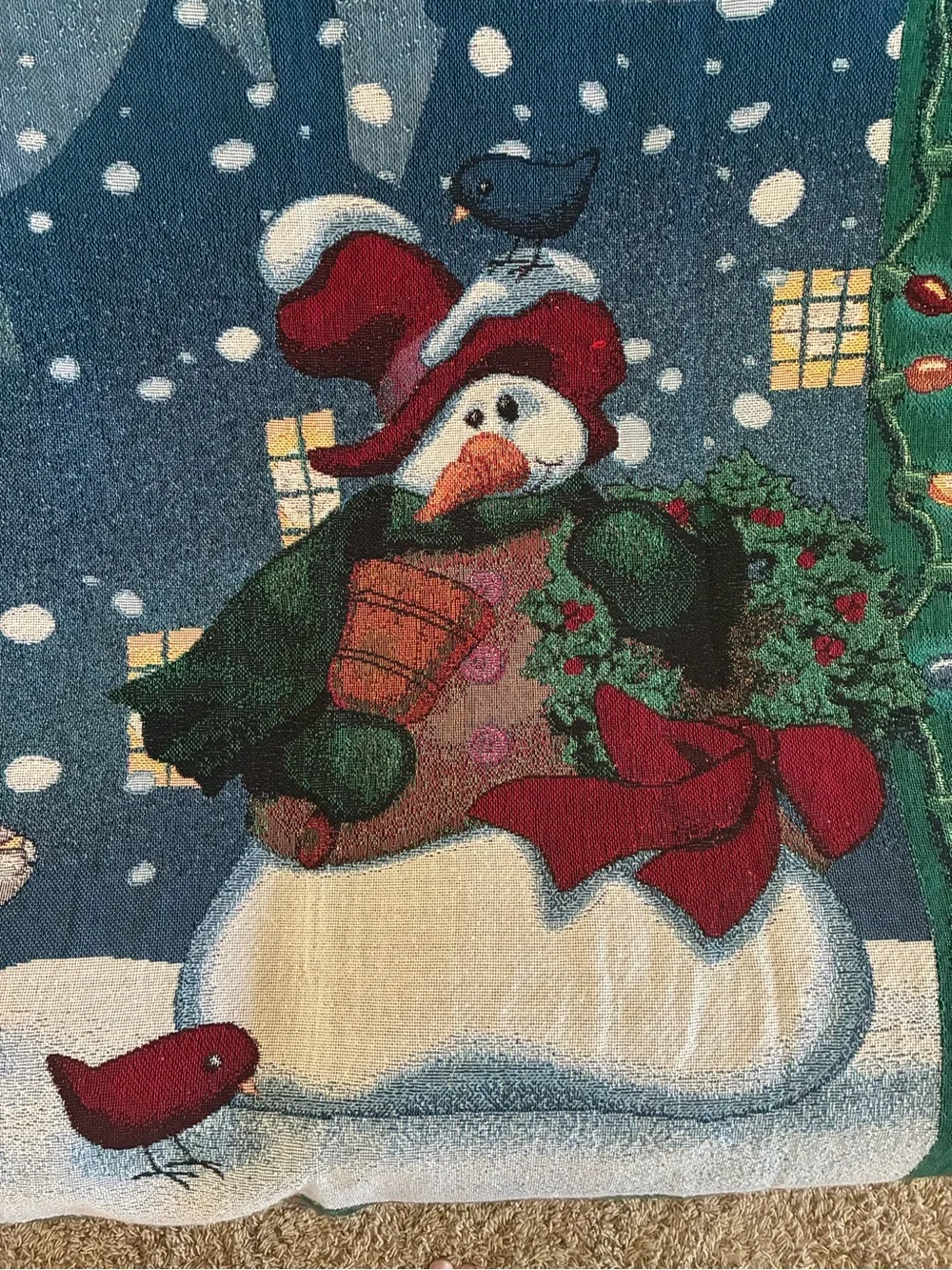 Vintage Tapestry Christmas Snowman Holiday Throw Blanket Bunny Tassels Bird